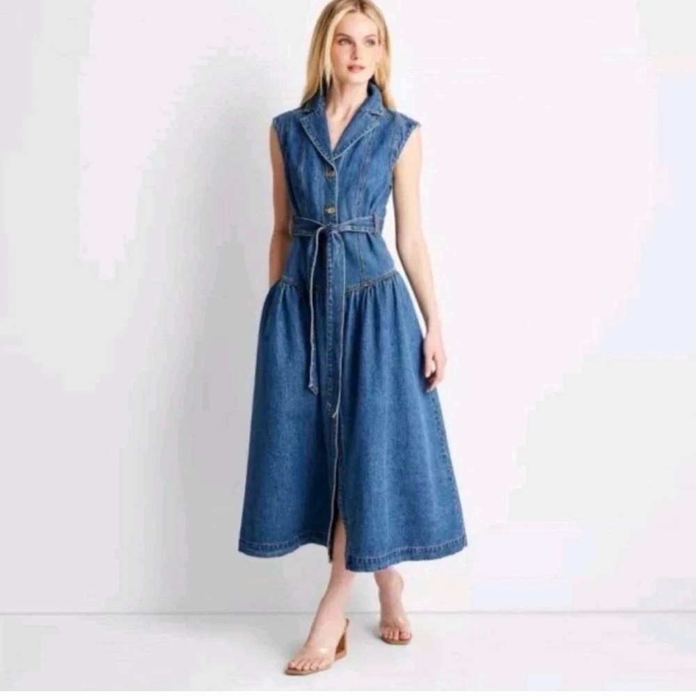 Sleeveless Denim Midi Dress with Tie Belt - Blue
